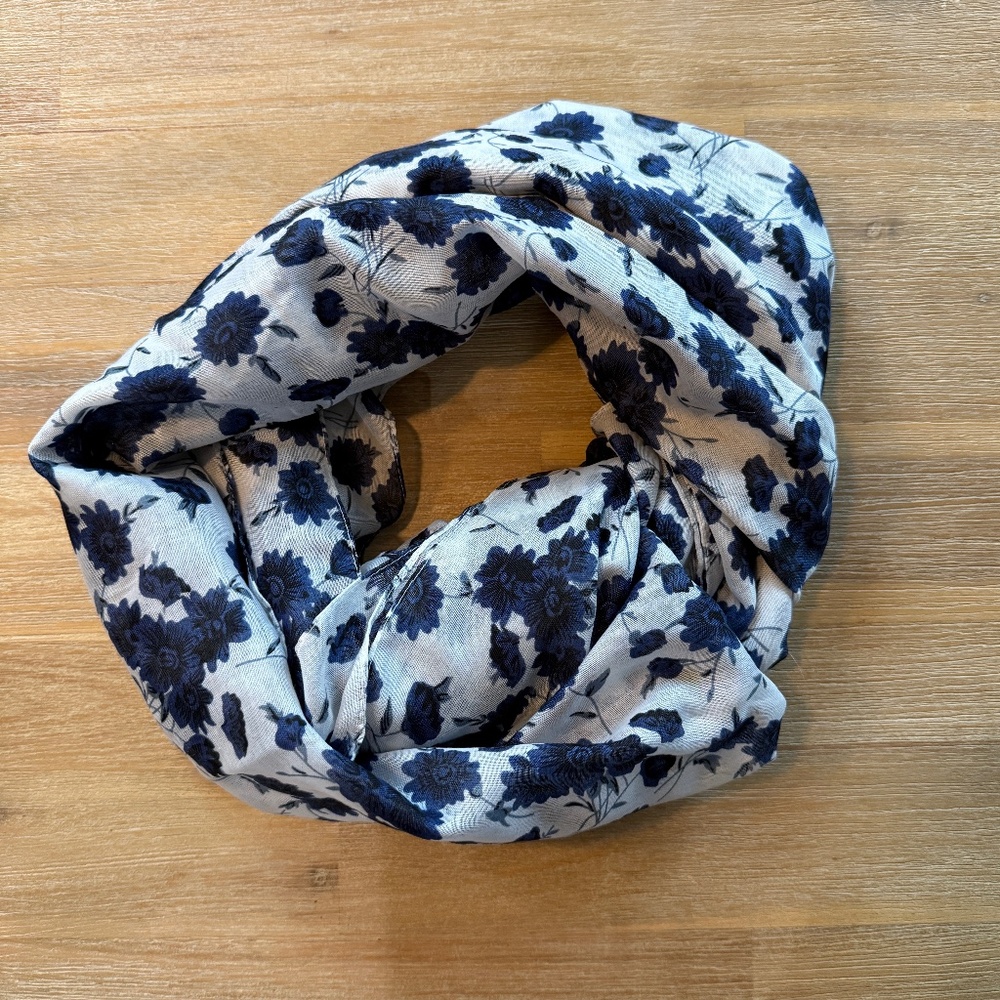 Navy Blue and Black Floral Design with white background Infinity Scarf